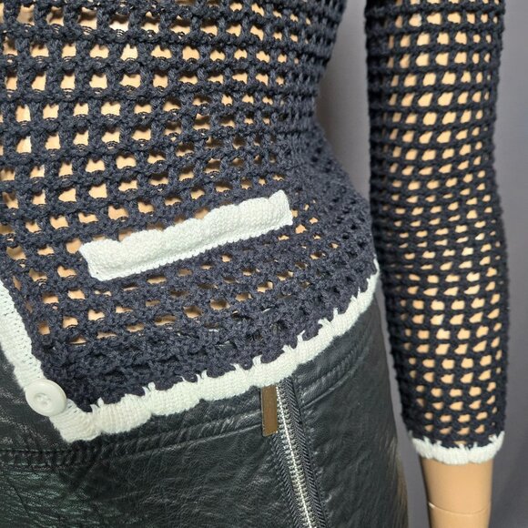 Y2K Black Crochet Fitted Cardigan White Trim Size S Retro Mod Dark Coquette - Picture 7 of 11
